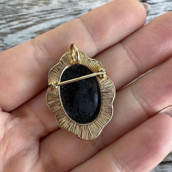 Vintage Jewelry Black Faux Cameo Brooch Pin Cameo Pendant - Picture 2 of 3